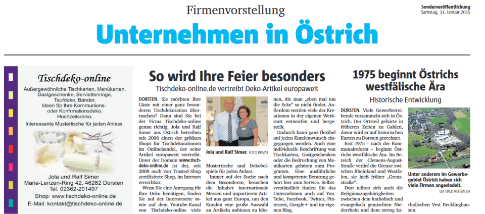 Tischdeko-online Dorsten Östrich - tischdekortionen und accessoires, jola und ralf simer in der dorstener zeitung